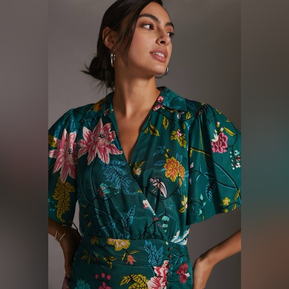Maeve Anthropologie Teal Silky Buttonfront Shirt Dress Green Multi Floral - Picture 5 of 14